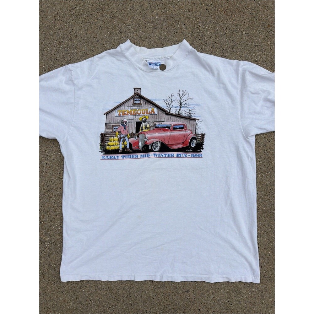 Vintage 1989 Hot Rod Run Car Temecula CA Graphic T-Shirt Western White USA Made